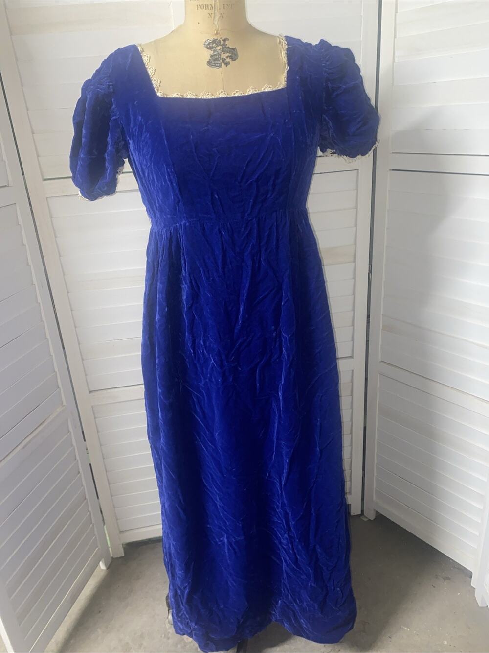 Vintage 80s Handmade Crushed Velvet Blue Prom Dress Maxi Goth Wench Sz Med/LRG